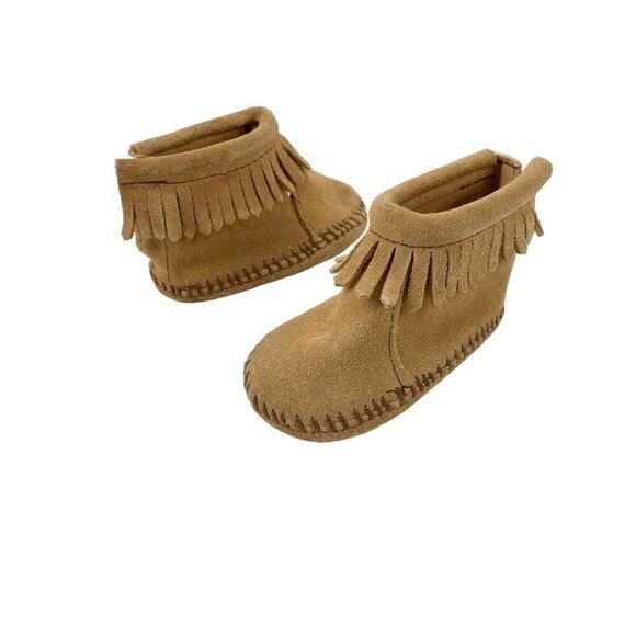 Minnetonka Tan Suede Fringe Pull On Moccasin Booties Infant Size 2 Boho Western - Picture 1 of 8